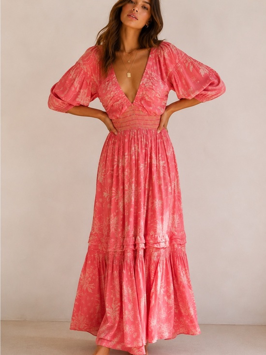 Free People Dresses & Skirts - Free People Golden Hour Maxi Dress Coral Pink Floral Babydoll Beach Resort